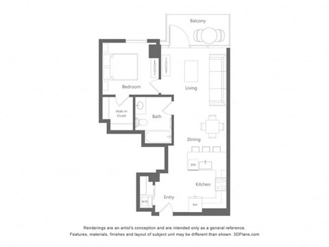 Floor plan for 1 bed, 1 bath, 658 sqft